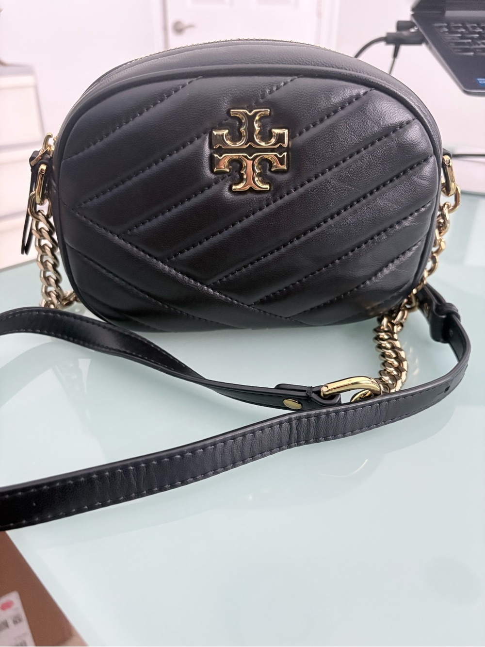 Tory Burch Kira Chevron Small Camera black and gold